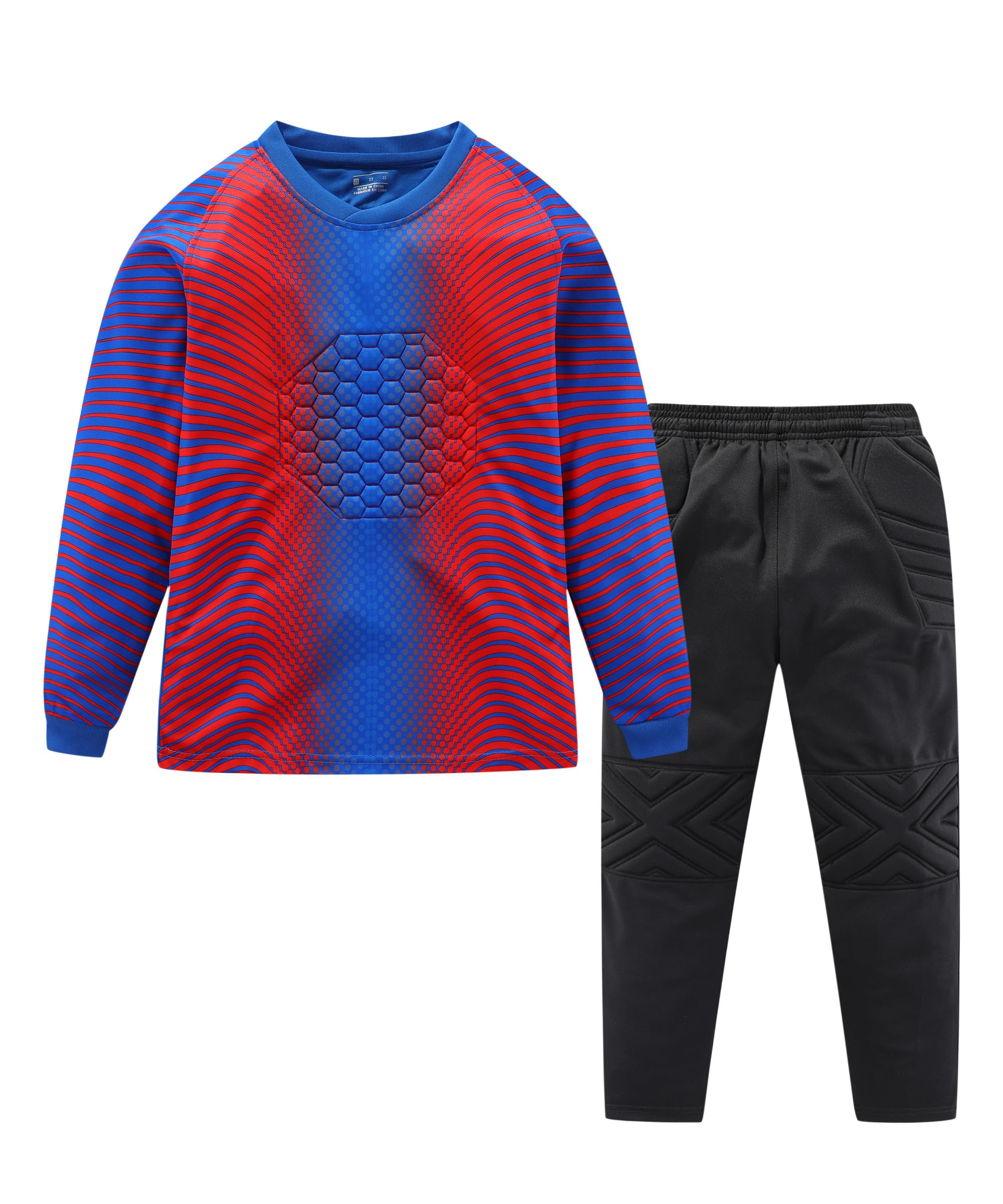 【送料無料】[LUCKYLUAN] キッズ キーパーウェア ゴールキーパー サッカーウェア サッカーゴールキーパージャージ 上下セット ゴールキーパー練習着 インナー コンプレッションウェア トレーニング 衝撃防護用 長袖 ボディープロテクタ 色：レッド/ネイビー、サイズ：160