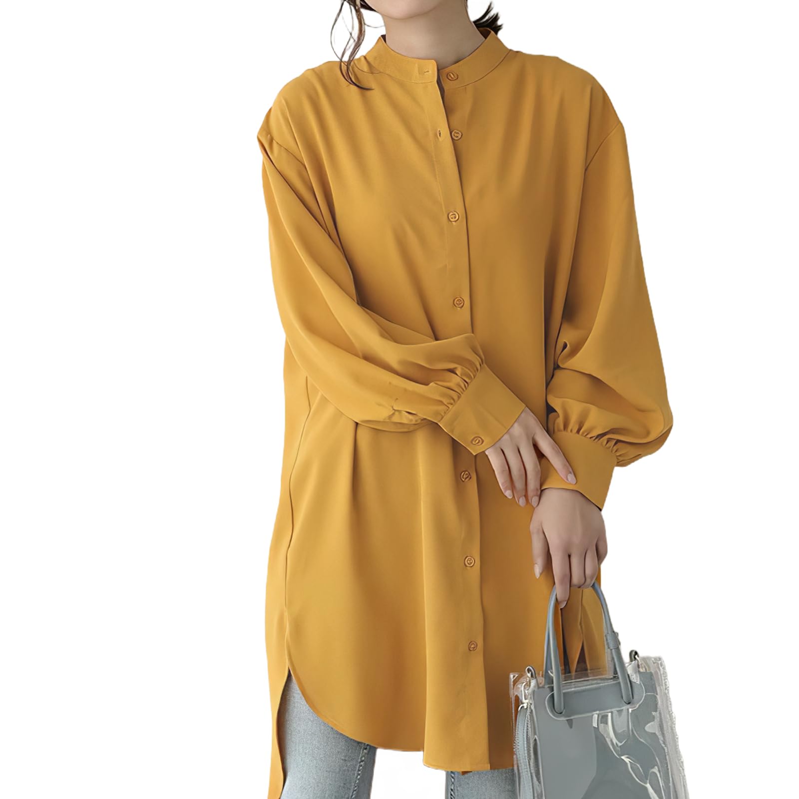 【送料無料】[maytopia] レディース シャツチュニック ブラウス シャツ ロングシャツ シャツブラウス ゆったり シフォン 長袖チュニック 無地 スタンドカラー 前開き 通勤 カジュアル 体型カバー 春夏秋 CS9210 色：オレンジ、サイズ：M