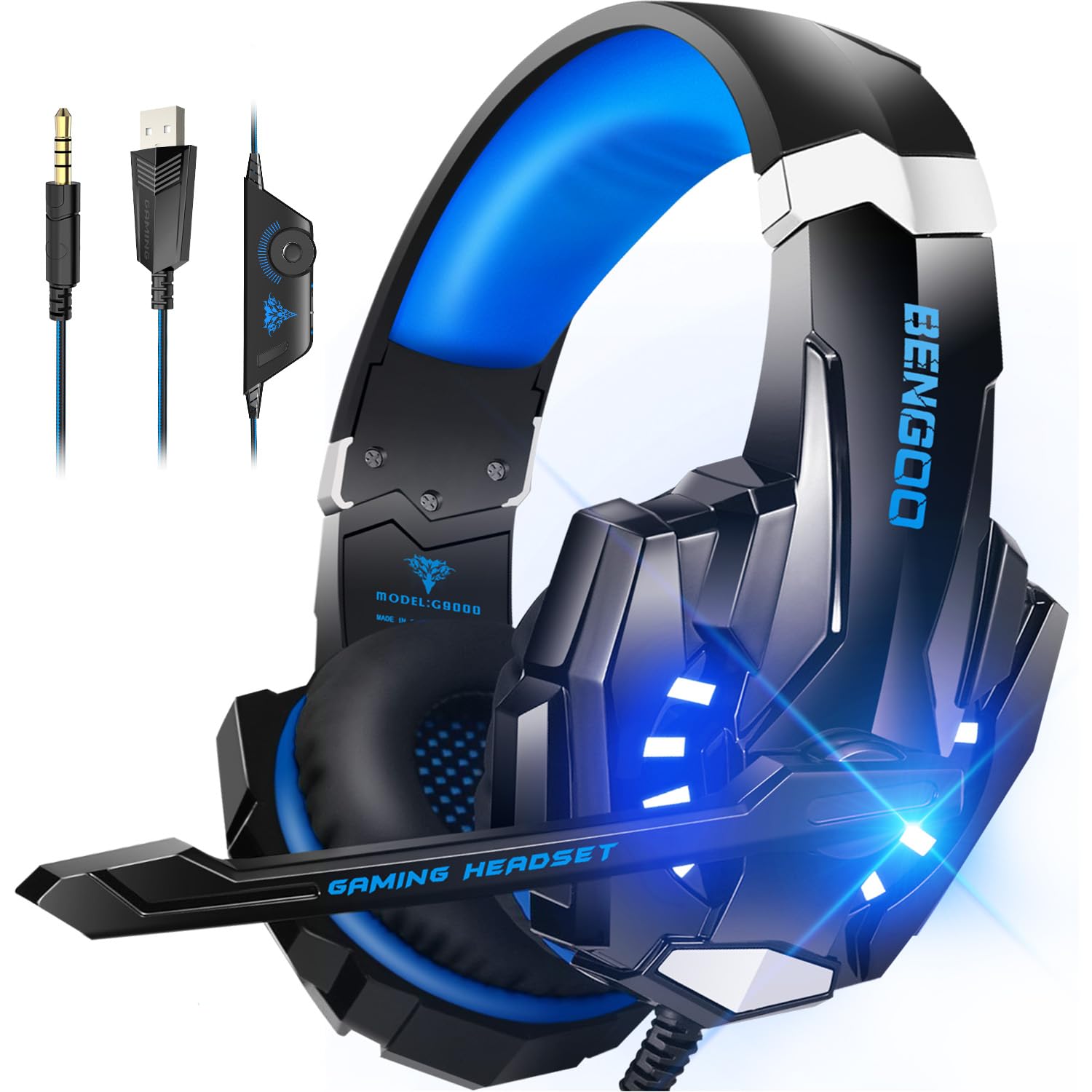 【送料無料】BENGOO ゲーミングヘッドセット PS5 ヘッドセット ノイズキャンセリング マイク付き 3.5mm有線 ゲーミングヘッドホン スイッチ ヘッドフォン 軽量 全効能 重低音 LEDライト コントローラー ミュート付き ステレオ FPS ゲーム用 Nintendo Switch Xbox One PS