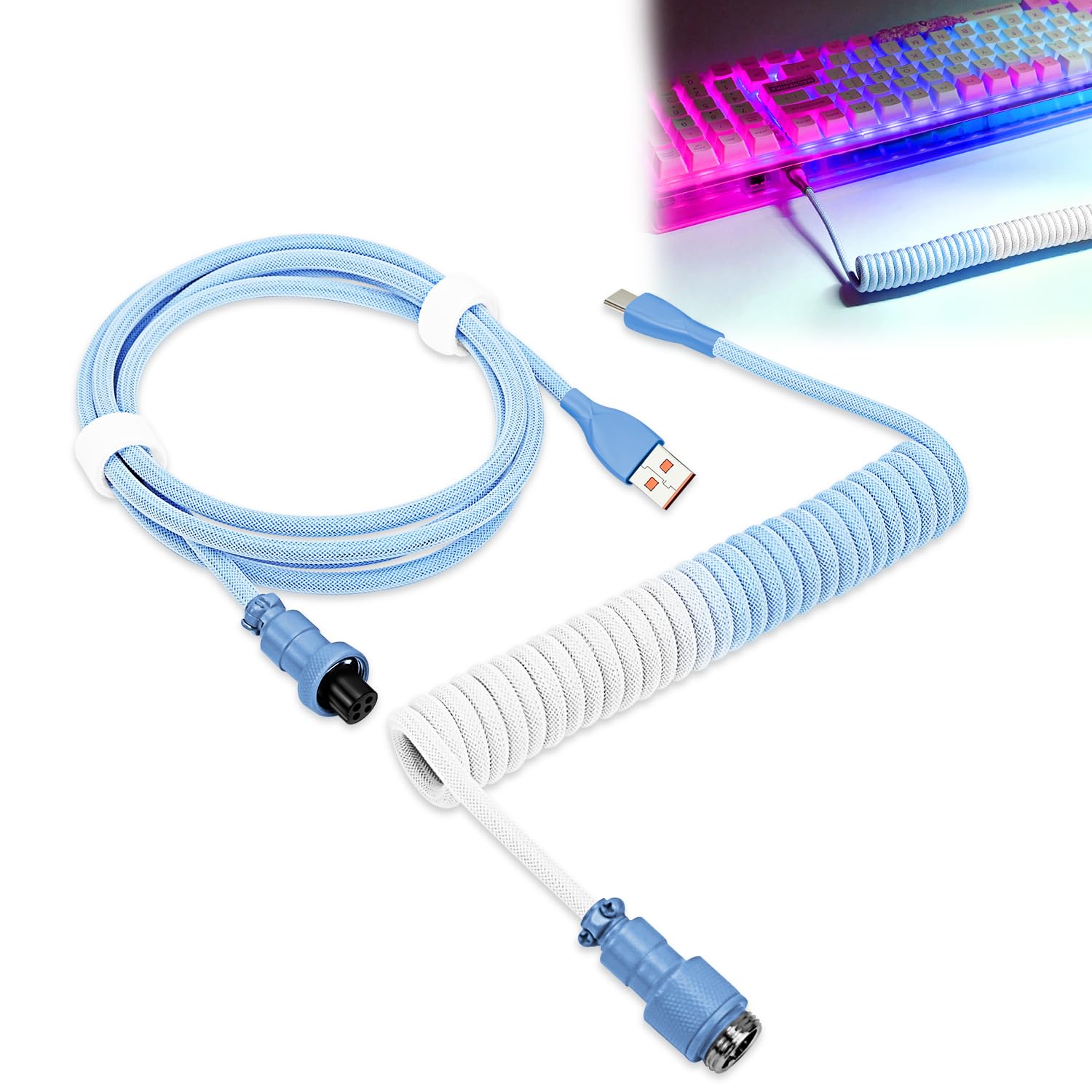 【送料無料】UCINNOVATE Pro カスタム コイル状USB Cケーブル メカニカルゲーミングキーボード用 ダブルスリーブ 取り外し可能なメタルアビエーター、1.8M USB-C - USB-A (ブルー&ホワイト)