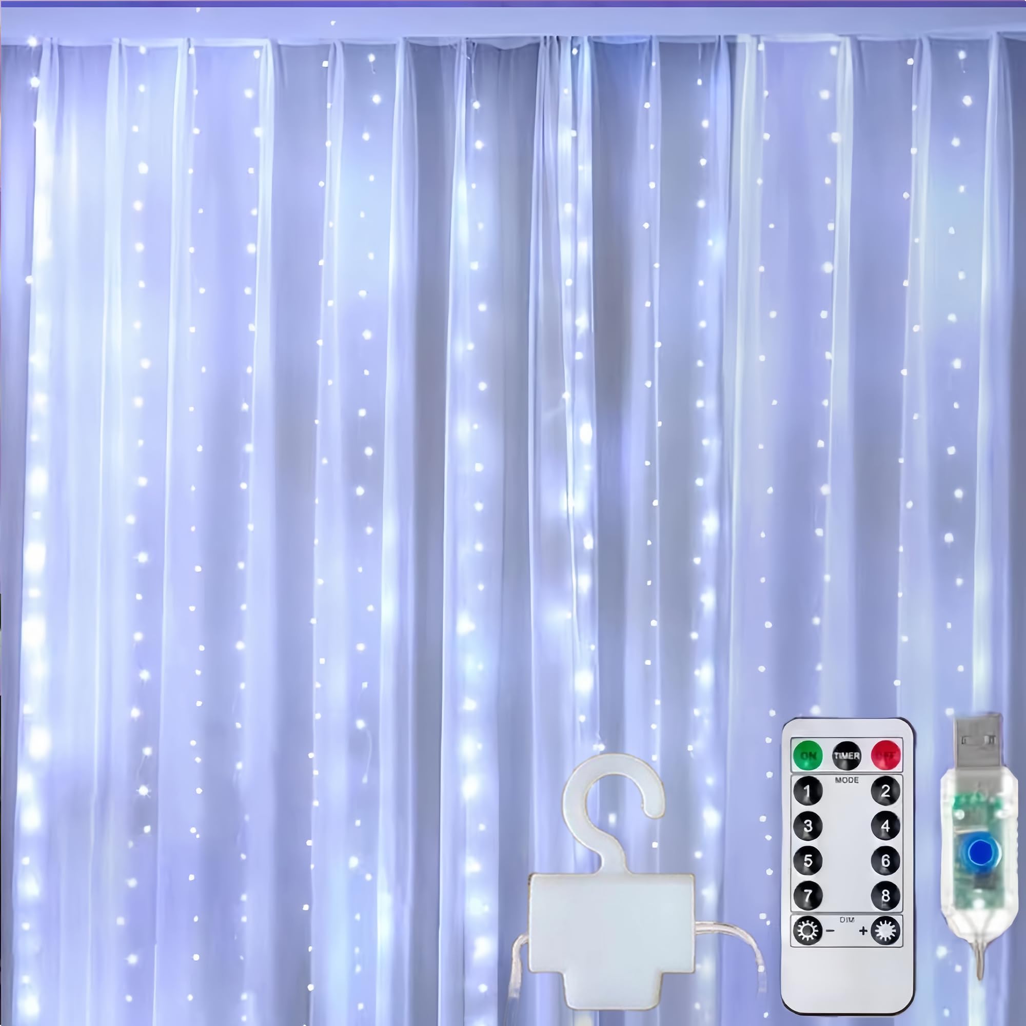 【送料無料】クリアヒル（Clearhill）3*3庭園灯列、300 LED、白、8種類のモードリモコンとタイマー付き仙女シャンデリア、USB操作、防水、室内/屋外装飾-寝室、結婚式