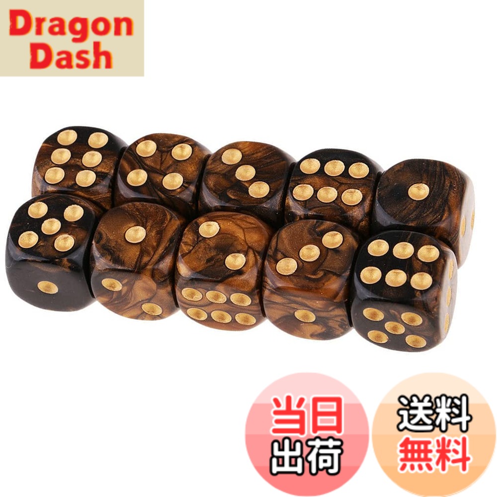 【送料無料】Yourandoll 10個 多面体ダイス D6サイコロ 6面ダイス16mm Dungeons and Dragons 、DND、 TRPG、 MTGなどテーブルゲーム用 色：ブラックゴールド、サイズ：16mm