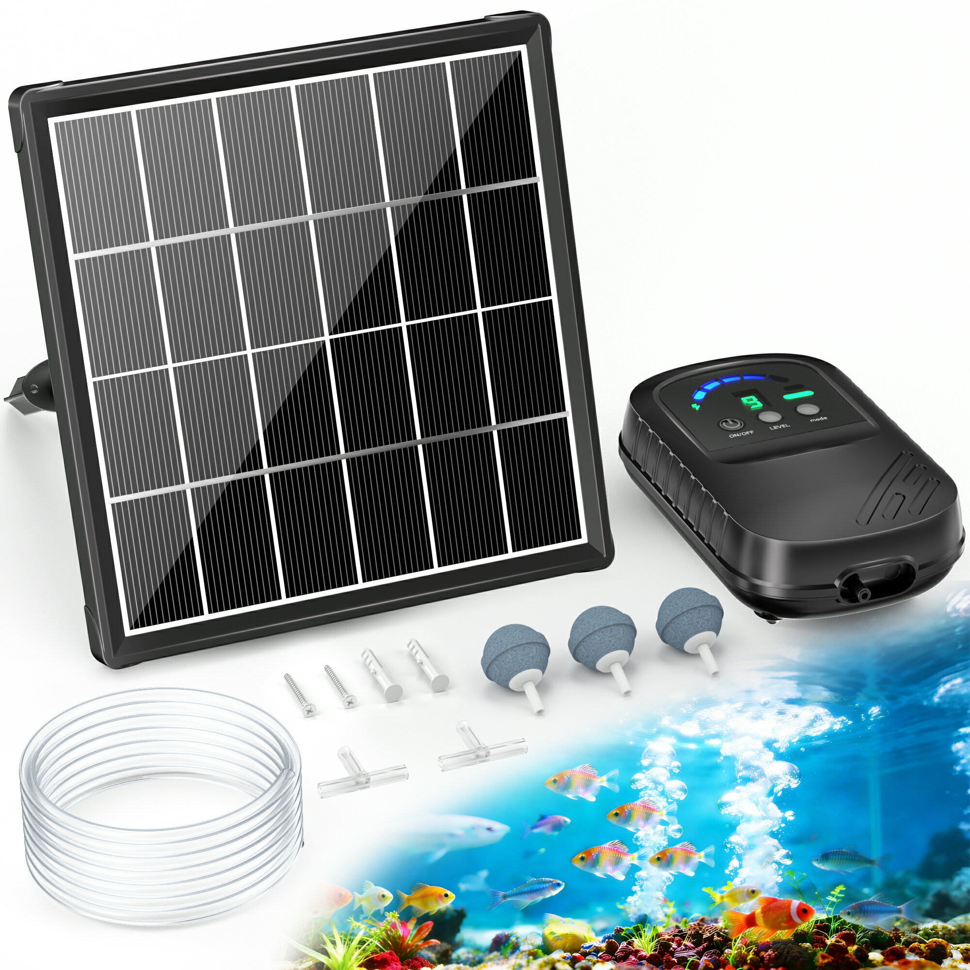 ソーラーエアーポンプ 太陽光発電 屋外専用 大容量バッテリー内蔵 3モード切替可能 酸素供給機 アクアリウム ビオトープ 池 メダカ 金魚 熱帯魚 停電時緊急用 電源不要 コードレス 防水設計