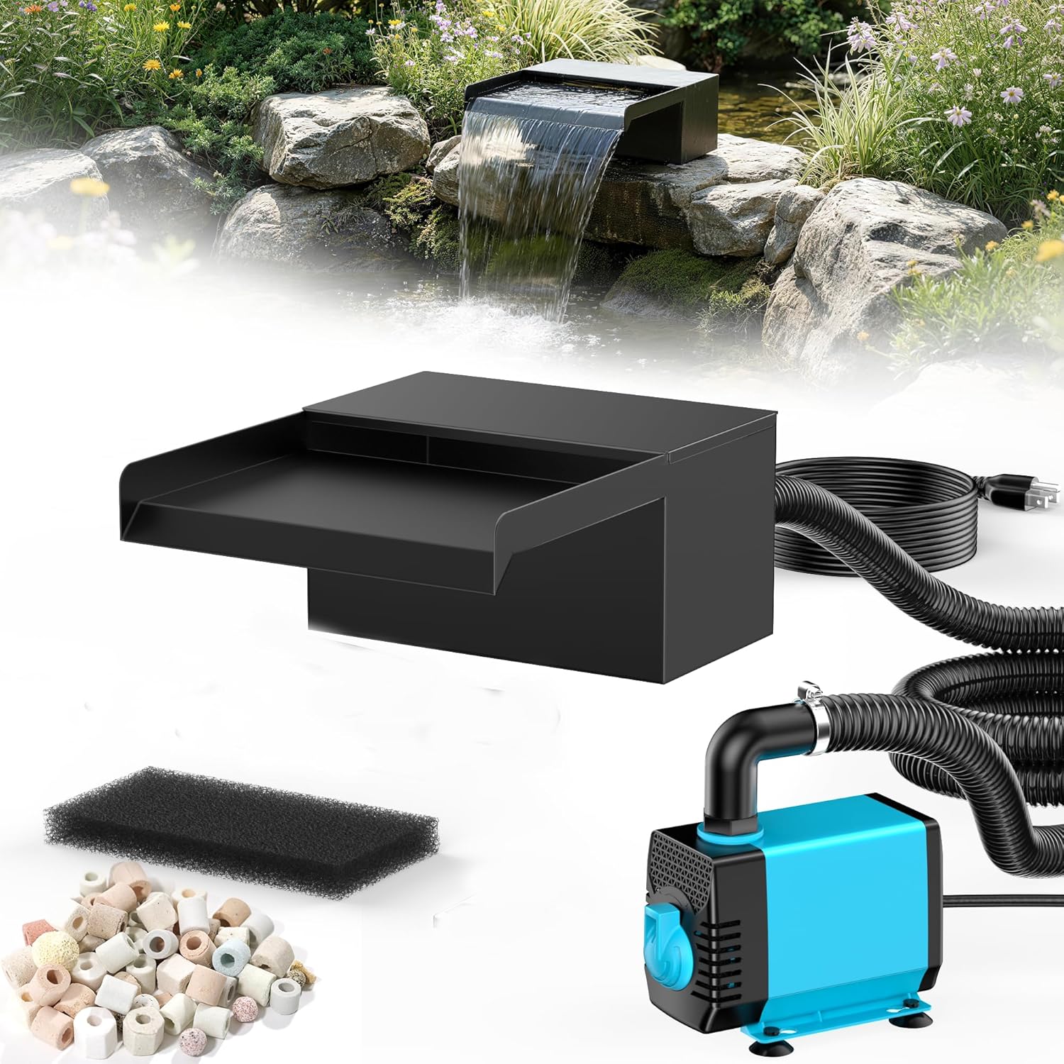 商品情報高効率な多段階濾過システム循環水の透明度を保つために、複数の濾過システムを搭載。メタルカバーで大きな破片の侵入を防ぎ、35PPI密度スポンジが中サイズの不純物や微細な残留物をキャッチ。さらにセラミックフィルターが目に見えない不純物を吸着し、酸素供給もサポートします。フィルターバッグも追加されており、メンテナンスが簡単です。高品質ステンレススチール製 &amp; 優れた耐腐食性本体は高品質なステンレススチールを採用。当社製品は耐食性に優れ、光沢と清潔さを長期間維持します。他社製品のように錆びによる腐食が発生しにくく、屋外の池や湿度の高い環境でも美しい外観をキープします。40W水中ポンプ &amp; 流量調整機能しっかりとした揚水力を発揮する40W水中ポンプを搭載。流量調整機能付きなので、お好みの水の勢いや滝の雰囲気に合わせて細かく調節可能です。また、空運転保護機能によりポンプの故障リスクを低減し、安心してお使いいただけます。2つの設置方法 &amp; 交換用フィルター対応埋込み式と外付け式の2つの設置方法に対応。設置場所やレイアウトに合わせて自由にお選びいただけます。さらに交換用フィルターも別売りで用意しているため、長期間にわたって濾過性能を維持することが可能です。多彩なシーンで楽しめるクリエイティブな滝キット壁埋め込み式はもちろん、池、埋設式ストリーム、プランタートップなど、様々なシーンでお楽しみいただけます。庭やガーデニング、ビオトープなど、クリエイティブな水景を手軽に演出したい方に最適な一品です。池用滝キット 40W水中ポンプ 304ステンレス製 多段濾過システム搭載 埋め込み式/外付け式2WAY 空運転保護機能付き 流量調整可能 庭園 ビオトープ 屋外噴水 メンテナンス簡単 防錆 静音設計 池用滝キット 40W水中ポンプ 5
