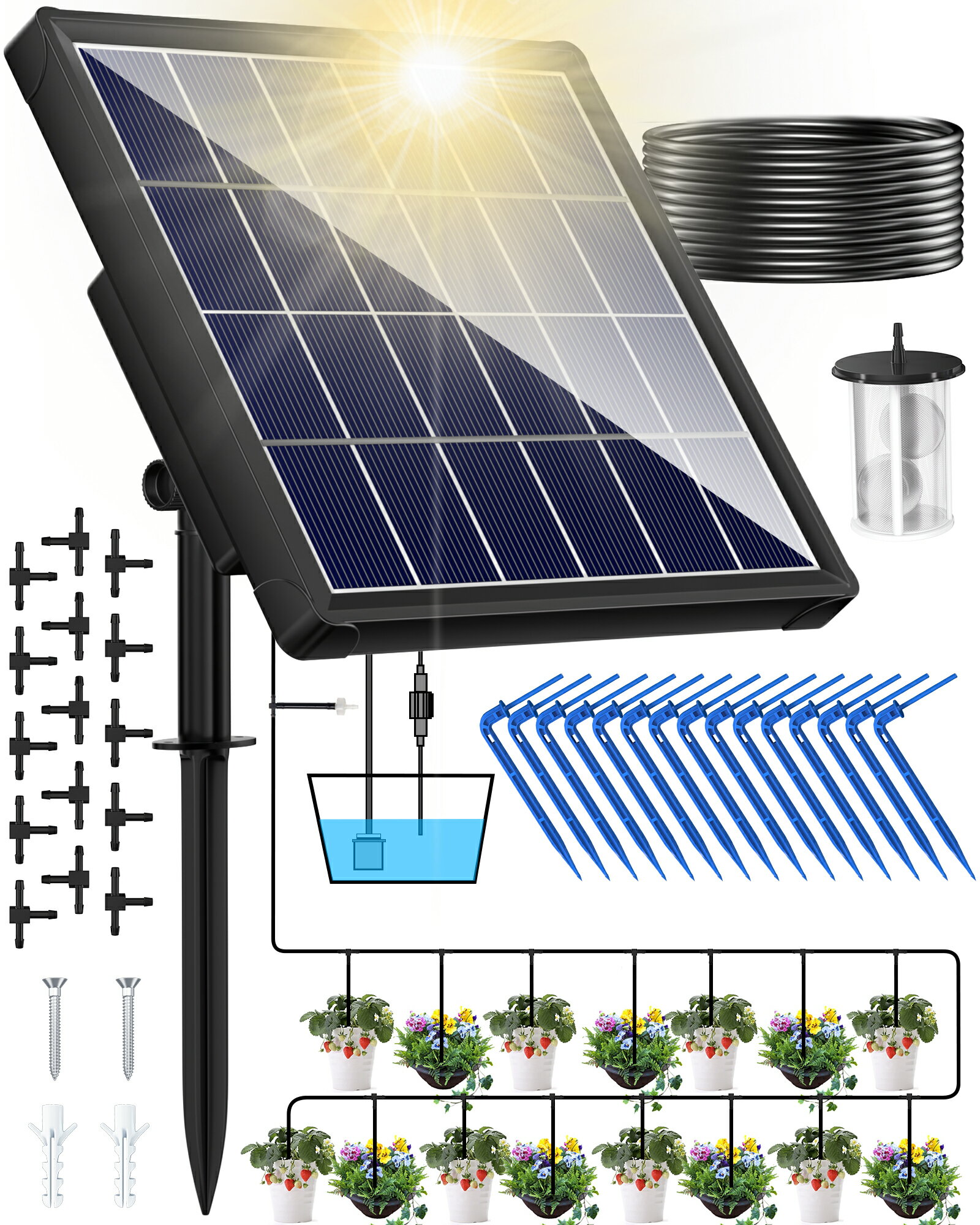 商品情報ソーラーパワーで自動給水電源も水道も不要です。太陽光で動くポンプが水タンク（別売）からチューブを通して複数のノズルに自動配水。 目的と規模に応じた散水を実現します。簡単操作で高機能タイマー動作で自動で水やり、6つ水やりモードがあり、コントロールパネルで水やりの方式と間隔時間が自由に設定できます、水やりも楽になります。仕事や旅行のために不在する時も自動に給水できます。同時に15鉢植えに対応可能自動水やり機は蛇口や固定電源のないバルコニー、テラス、小さな庭用に特別に設計されています。設置場所に困りません。水はチューブで分配して、最大15鉢植えに配水できます。水道が無くてもOKベランダ庭園や菜園に最適です。水道が無くても大丈夫。水道が来てないベランダでも水源に困ることはありません。適用場所：庭先の鉢植え、プランターで家庭菜園、盆栽や鉢植えの木、ベランダやバルコニー。屋外使用と品質保証IP65防水で屋外使用可能です。ソーラーパネルは日光が当たる場所に設置する必要です。品質保証：ご購入日から12ヶ月保証期間をご提供しております。何か不具合や不明点などがございましたら、お気軽にご連絡ください。カスタマーサービスセンターに遠慮なくご連絡ください。【電源・水道不要】 ソーラー 自動 灌水器 水やり器 観葉植物 ベランダ 水やり タイマー 自動散水 自動水やり機 自動水やり 自動給水器 水やりタイマー 充電式 ポンプ 鉢植え プランター 家庭菜園 キット 農業 水撒き 畑 散水 屋外 植物 花 園芸 鉢（15鉢対応） ソーラー 自動 灌水器 水やり器 観葉植物 ベランダ 水やり タイマー 自動散水 自動水やり機 自動水やり 自動給水器 5