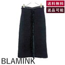 【中古】ブラミンク BLAMINK ツイードスカート セミタイト フリンジ 前スリット センターライン ブラック 送料無料 7924-230-0320 i0131m01355 返品可 古着 中古 ブランド古着DB
