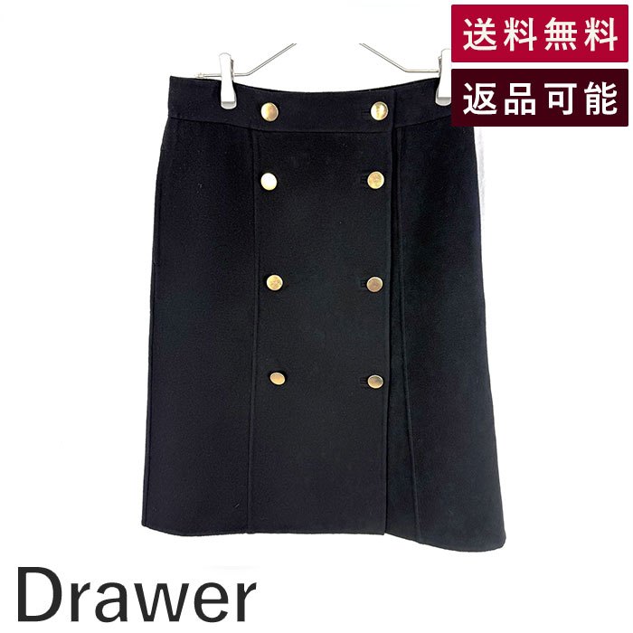 【スーパーSALE 10%OFF】【中古】ドゥロワー Drawer スカート 台形 ウール 金ボタン 巻きスカート コート生地 ブラック 黒 送料無料 6524...
