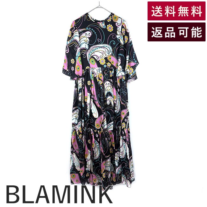 【中古】ブラミンク BLAMINK シルクロングワンピース 柄 フレア シアー素材 透け感 半袖 ブラック マルチカラー 送料無料 7926-230-0274 h1129u00472 返品可 古着 中古 ブランド古着DB