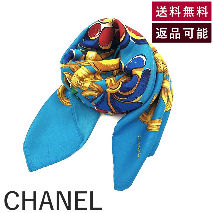 【中古】シャネル CHANEL スカーフ 花柄 ロゴ チェーン柄 カラフル ブルー系 マルチカラー 送料無料 i0413oq01492 返品可 古着 中古 ブランド古着DB