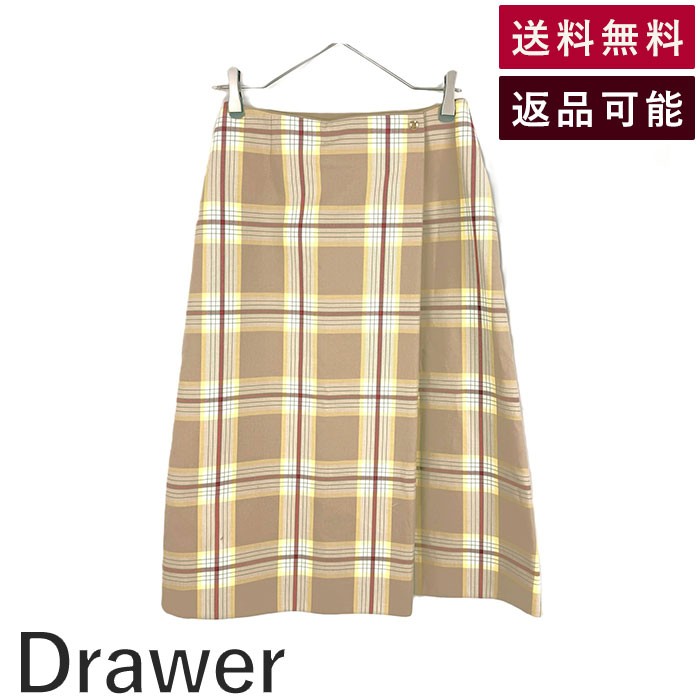 Rakuten - 【中古】ドゥロワー Drawer タックスカート チェック柄 コットン 巻きスカート風 ベージュ イエロー レッド 送料無料 6524-299-1300 i0624h00824 返品可 古着 中古 ブランド古着DB
