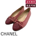 【中古】シャネル CHANEL フラットシューズ キャンバス レザー リボン くすみレッド 赤系 送料無料 i0627aq008185 返品可 古着 中古 ブラ...
