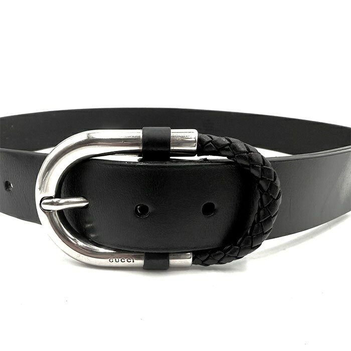 【中古】グッチ GUCCI ベルト シンプル レザー 編込み シルバーバックル ブラック 黒 送料無料 i0606aq018110 返品可 古着 中古 ブランド古着DB