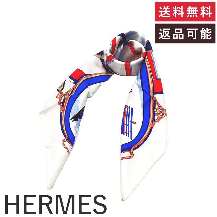 【中古】エルメス HERMES スカーフ 自由への車輪 En Route Libre ホワイト ブルー レッド 送料無料 i08..