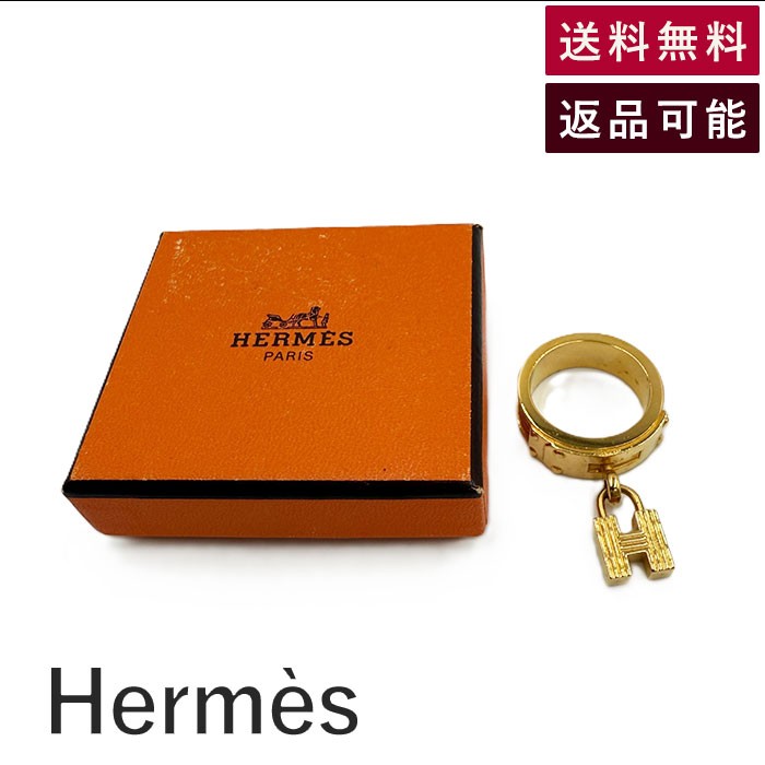 【中古】エルメス HERMES スカーフリング ケリー カデナチャーム レザー×ゴールド金具 オレンジ 送料無..