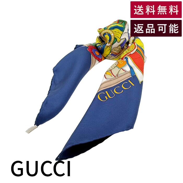 Rakuten - 【中古】グッチ GUCCI シルクスカーフ ネイビー ロゴ 花柄 大判 レディース 送料無料 i1207oq00365 返品可 古着 中古 ブランド古着DB