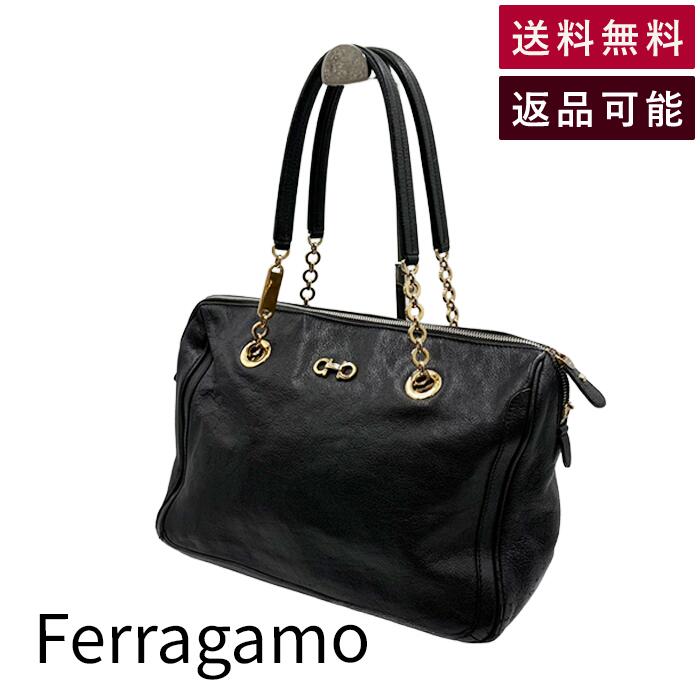 Rakuten - 【中古】Ferragamoフェラガモ ハンドバッグ ガンチーニ ブラック レザー ゴールド金具 送料無料 j0205dq00464 返品可 古着 中古 ブランド古着DB
