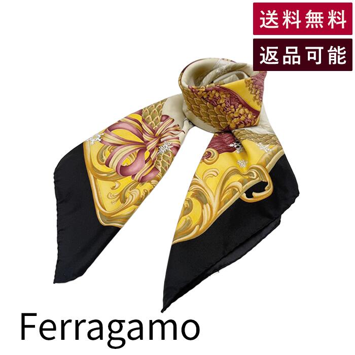 Rakuten - 【中古】フェラガモ Salvatore Ferragamo シルクスカーフ 大判 ゴールド ブラック 動物柄 送料無料 j0223tq05030 返品可 古着 中古 ブランド古着DB