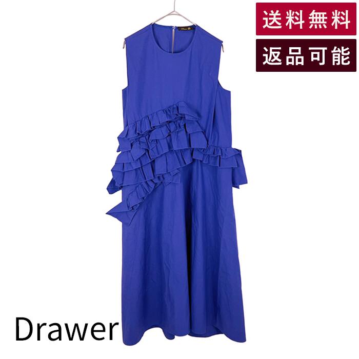 Rakuten - 【中古】ドゥロワー Drawer ワンピース ブルー アシンメトリー フリル ノースリーブ ロング 送料無料 6526-299-1039 コットン100% 返品可 古着 中古 ブランド古着DB