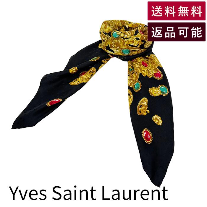 For Women - 【中古】イヴサンローラン Yves Saint Laurent シルクスカーフ ジュエリー柄 ブラック ゴールド 大判 送料無料 j0405oq01730 返品可 古着 中古 ブランド古着DB