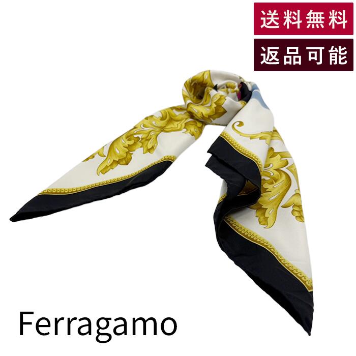 Rakuten - 【中古】フェラガモ Salvatore Ferragamo シルク スカーフ 大判 ホワイト ネイビー ロープ柄 送料無料 j0405oq03846 返品可 古着 中古 ブランド古着DB