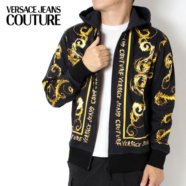 楽天drawers（ドロワーズ）【サマーセール開催中】ヴェルサーチ VERSACE JEANS COUTURE レギュラーフィット ジップアップパーカー 77UP301 FLEECE CHROMO GOLD【BLACK/GOLD】77GAI3ZC FS164 G89/【2024-25AW】m-tops