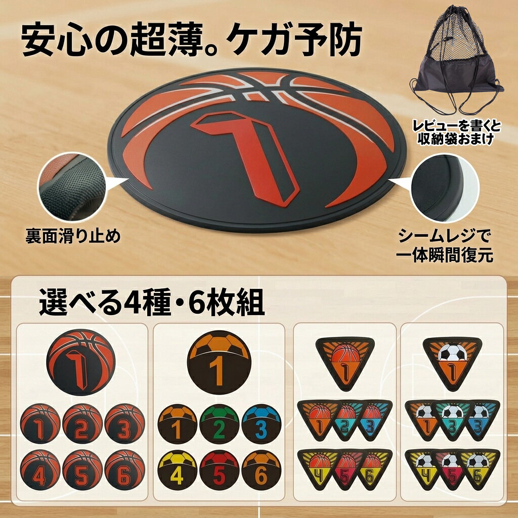 フラットマーカー 滑り止め ナンバリング スポットマーカー アジリティ あしあとマーカー バスケ サッカー 23cm 18cm 円形 三角形 脳トレ 認知トレーニング 6枚セット 1〜6番 ミニ