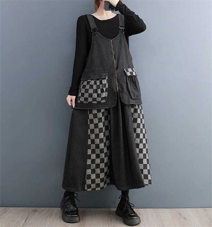 ジャンパースカート デニム 大人 秋 冬 サロペット ワンピース ロング きれいめ レディース 膝下丈 オールインワン ノースリーブ 重ね着 レイヤード 楽ちん ゆったり カジュアル お洒落 トレンド セレモニー 30代 40代 50代 60代 ブラック F