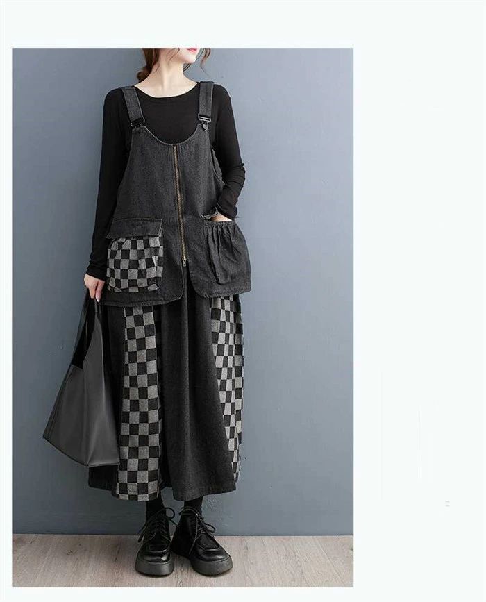 ジャンパースカート デニム 大人 秋 冬 サロペット ワンピース ロング きれいめ レディース 膝下丈 オールインワン ノースリーブ 重ね着 レイヤード 楽ちん ゆったり カジュアル お洒落 トレンド セレモニー 30代 40代 50代 60代 ブラック F