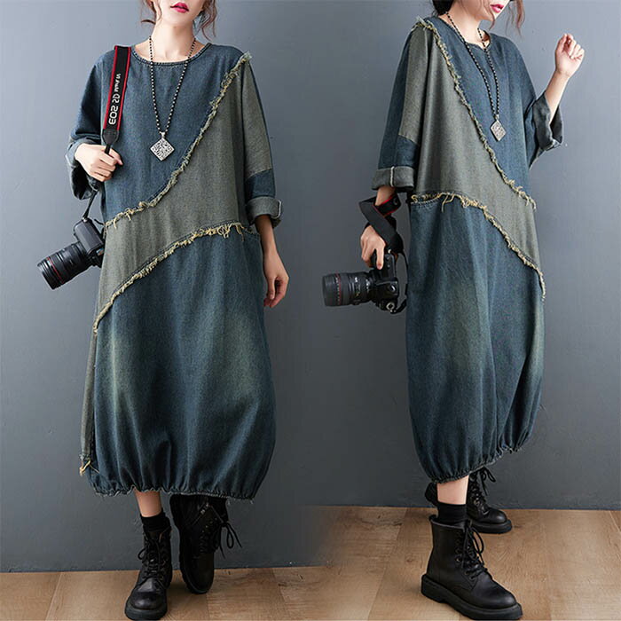 デニム ワンピース 春 秋 長袖 レディース カジュアル デニムワンピース ひざ下 ミモレ丈 ゆったり 体型カバー 大きいサイズ ワンピ ワンピース 可愛い おしゃれ 無地 ケミカルウォッシュ 色落ち(4)