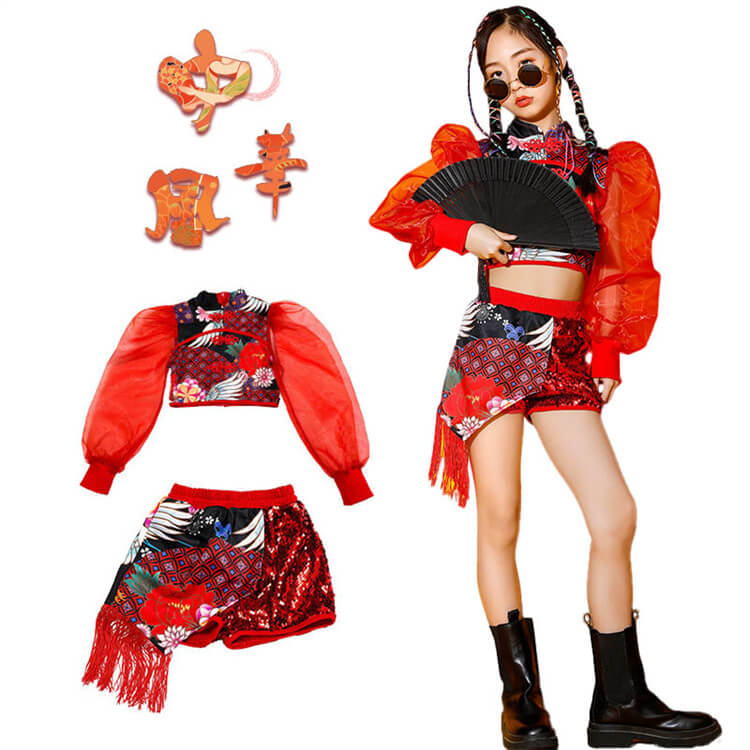 ダンス衣装 中華風 女の子 スパンコール 衣装 赤 ステージ 衣装 キラキラ キッズダンス衣装 セットアップ ジャッズダンス ガールズ 発表会 演出服 チャイナー風 jazz キッズ ダンス 衣装 k-pop 女の子 アイドル 衣装 ファッション
