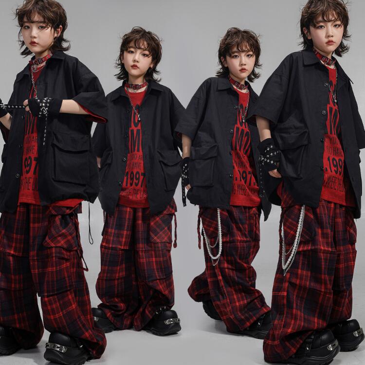 キッズダンス 衣装 レーシング 黒 赤 レッド ジャケット パンツ 子供服 女の子 子供ダンス 衣装 ヒップ..