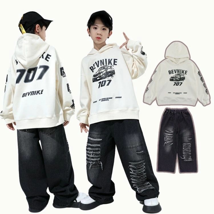 キッズダンス衣装 セットアップ 白 2点セット パーカー デニム ロングパンツ 黒 ブラック 男の子 女の..