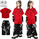 赤 黒 キッズダンス衣装 中華風 竹柄 女の子 鶴柄 ヒップホップ セットアップ k-pop ジャズダンス Tシャツ メッシュゆったり パンツ ステージ衣装 練...