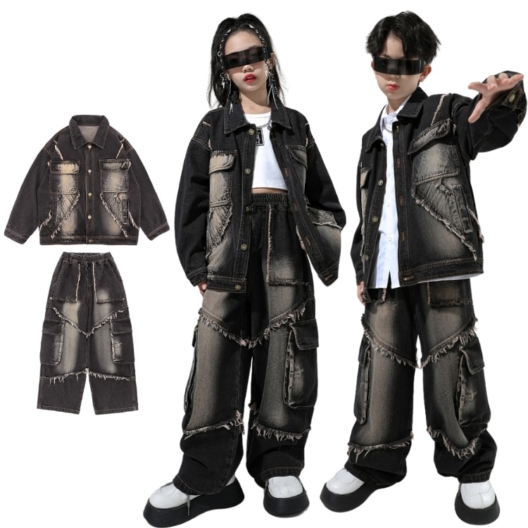 キッズダンス衣装 デニム セットアップ 黒 ダンス 練習着 キッズ セットアップ デニムジャケット ズボ..