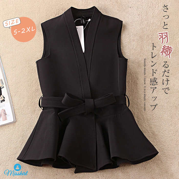 ベスト レディース 春秋 ノースリーブ ジレ トップス ペプラムトップス Vネック ウエストリボン 裾フレア 体型カバー ブラック 無地 シンプル かわいい キュート カジュアル 大人 女子 エレガント フォーマル コーデ 送料無料