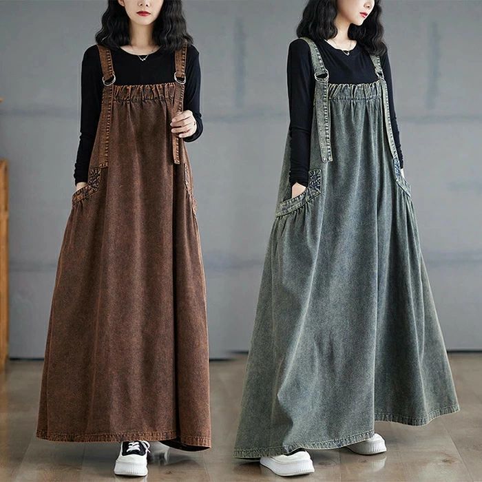 ジャンパースカート 大人 レディース 秋 デニム ロングワンピース デニムキャミワンピース ロング丈 マキシ丈 ノースリーブワンピース ジャンスカ 無地 ワンピ レイヤード 重ね着 ゆったり 大きいサイズ 体型カバー おしゃれ 秋冬 送料無料