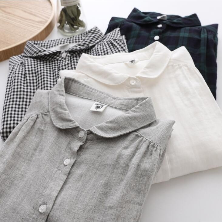 コットン100％ シャツブラウス レディース ガーゼ ブラウス シャツ 長袖 レディース 丸襟 シャツ ブラ..