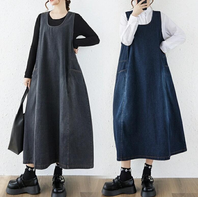 ワンピース ジャンパースカート デニム サロペットスカート レディース 秋 冬 デニムジャンパースカート 大きいサイズ ロングワンピース ゆったり デニムワンピース 重ね着 レイヤード デニム ジャンスカ 体型カバー カジュアル きれいめ
