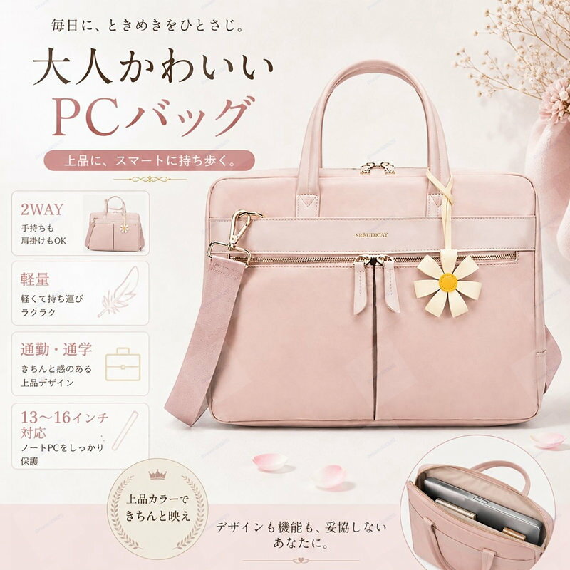 きちんと見えて、軽やか。 通勤・通学・出張に使いやすい、上品な2WAY PCバッグ。 手提げと肩掛けの2通りで使え、毎日の荷物やスタイルに合わせて持ち方を変えられます。 バッグに華やかさを添えるフラワーバッグチャームをセットにしました。 PCバッグ＋フラワーチャームの2点セット 2WAY PCバッグ1点と、フラワーバッグチャーム1点をセットでお届けします。 バッグは3サイズ・5カラー、チャームは6カラーからお選びいただけます。 全90通りの組み合わせから選択可能 セット内容 バッグ本体 レディース2WAY PCバッグ×1 バッグチャーム フラワーバッグチャーム×1 付属品 ショルダーストラップ×1 通勤スタイルになじむ上品なデザイン 落ち着いたスクエアフォルムに、ゴールドカラーの金具を合わせた上品なデザイン。 スーツやジャケットスタイルはもちろん、きれいめカジュアルにも自然になじみます。 前面のファスナーポケットがデザインのアクセントになり、必要な小物も取り出しやすい仕様です。 バッグのおすすめポイント 手提げ・肩掛けの2WAY ハンドルで手提げバッグとして、付属ストラップを取り付けてショルダーバッグとして使用できます。 選べる3サイズ 13.3インチ、14.3インチ、15.6～16インチのPC収納を目安に、用途に合ったサイズを選べます。 撥水加工素材 表地には撥水加工を施したポリエステル素材を使用。突然の小雨や水滴にも配慮した仕様です。 軽量設計 参考重量約0.60kg。通勤や通学、出張時にも持ち運びやすい軽さです。 多機能ポケット 書類、充電器、スマートフォン、文房具など、仕事や学校で使う小物を整理しやすい設計です。 幅広い使用シーン 通勤、通学、就職活動、会議、営業、出張、旅行など幅広い場面で活躍します。 用途に合わせて選べる3サイズ お使いのパソコンや持ち歩く荷物に合わせて、S・M・Lの3サイズからお選びいただけます。 インチ表記は目安です。ご購入前に必ずパソコン本体の外寸をご確認ください。 サイズ バッグ外寸 PC収納幅 収納目安 S 約35.5×27×9cm 約34.5cm 13.3インチ目安 M 約37.5×28×10cm 約36.5cm 14.3インチ目安 L 約40.5×30×10cm 約39.5cm 15.6～16インチ目安 選べるバッグ5カラー ピンク やさしく女性らしい印象を演出する、明るく上品なカラー。 グレー 落ち着きがあり、オフィススタイルにも自然になじむカラー。 ワインレッド コーディネートに深みと華やかさを添える、大人らしいカラー。 ブラック スーツや就職活動にも合わせやすい、使いやすい定番カラー。 ネイビー ブラックよりやわらかく、知的で清潔感のある印象を与えるカラー。 上品で可愛いフラワーバッグチャーム 花びらを立体的に組み合わせた、華やかなフラワーモチーフ。 シンプルなビジネスバッグに取り付けるだけで、女性らしい彩りをプラスします。 バッグの金具やハンドルに通して、簡単に取り付けられます。 フラワーチャーム仕様 素材 合成皮革 重量 約20g 全長 約26.6cm モチーフ幅 約8.7cm カラー ブラウン、ピンク、ライトピンク、アイボリー、ブラック、レッド 取り付け方法 ループ部分をバッグの金具やハンドルなどに通して取り付けます。 商品仕様 商品名 2WAY PCバッグ・フラワーバッグチャームセット 表地素材 ポリエステル／撥水加工 裏地素材 150Dポリエステル 参考重量 約0.60kg バッグ仕様 手提げ・肩掛けの2WAY サイズ展開 S、M、L バッグカラー ピンク、グレー、ワインレッド、ブラック、ネイビー チャームカラー ブラウン、ピンク、ライトピンク、アイボリー、ブラック、レッド セット内容 PCバッグ×1、ショルダーストラップ×1、フラワーバッグチャーム×1 サイズ選びについて ・インチ数だけでなく、必ずお使いのパソコン本体の幅、高さ、厚みをご確認ください。 ・同じインチ数でも、メーカーや機種によって外寸が異なります。 ・パソコンに厚みのある保護ケースを装着している場合は、ケースを含めた外寸をご確認ください。 ・充電器やマウス、書類なども一緒に収納する場合は、余裕のあるサイズをおすすめします。 お手入れ方法 バッグ本体 ・軽い汚れやほこりは、乾いた柔らかい布でやさしく拭いてください。 ・水滴が付着した場合は、早めに乾いた布で水分を拭き取ってください。 ・洗濯機、乾燥機、漂白剤の使用は避けてください。 ・直射日光、高温多湿を避け、風通しのよい場所で保管してください。 フラワーチャーム ・柔らかい布で表面の汚れをやさしく拭き取ってください。 ・水洗い、強い摩擦、折り曲げ、引っ掛けにご注意ください。 ・ループ部分や花びら部分を強く引っ張らないでください。 ご購入前にご確認ください ・バッグのサイズ、バッグカラー、チャームカラーをそれぞれお選びください。 ・PCバッグ1点、ショルダーストラップ1点、フラワーバッグチャーム1点のセット商品です。 ・対応インチは目安です。パソコンの機種や外寸によっては収納できない場合があります。 ・バッグのサイズ、重量は採寸方法や個体差により多少前後する場合があります。 ・撥水加工は完全防水ではありません。長時間の雨や大量の水濡れにはご注意ください。 ・ファスナーや金具の色、細部の仕様は生産時期により多少異なる場合があります。 ・チャームの花びらの形、ループの長さ、縫製位置には個体差があります。 ・摩擦や水濡れにより、色移りや変色が生じる場合があります。 ・モニター環境や撮影時の照明により、実際の商品と色味が異なって見える場合があります。 ・小さなパーツを使用しています。乳幼児やペットの手の届かない場所で保管してください。
