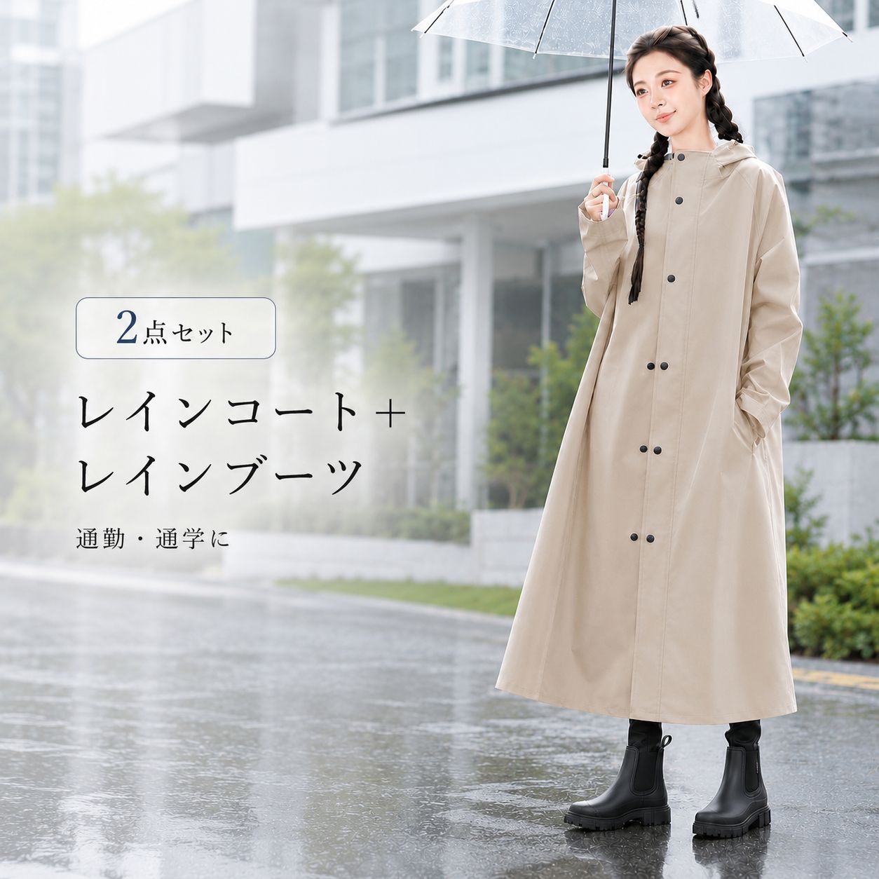 防水 レインコート レインブーツ レディース 2点セット ロング丈 透湿 フード付き 防滑 雨靴 通勤 通学 梅雨対策