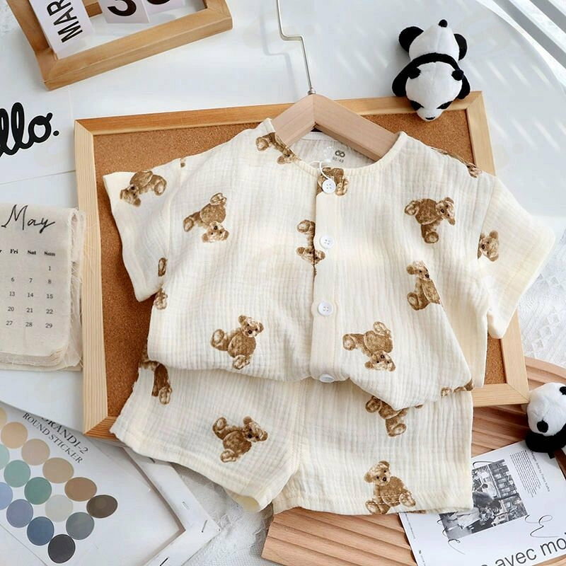 Niños Pequeños Pijama Niños Longas Mantas Cotton Bear Cotton Bear Niña Camiseta Garzón Verano Primavera Niños Hombre Medio Manto Antes Abierto Encantado — vista 2