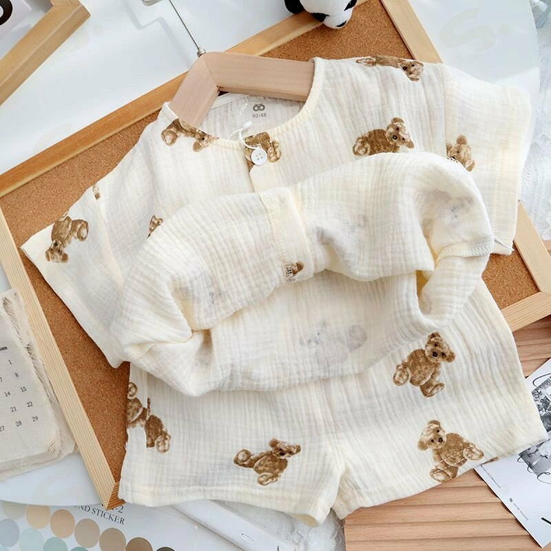 Niños Pequeños Pijama Niños Longas Mantas Cotton Bear Cotton Bear Niña Camiseta Garzón Verano Primavera Niños Hombre Medio Manto Antes Abierto Encantado — vista 3