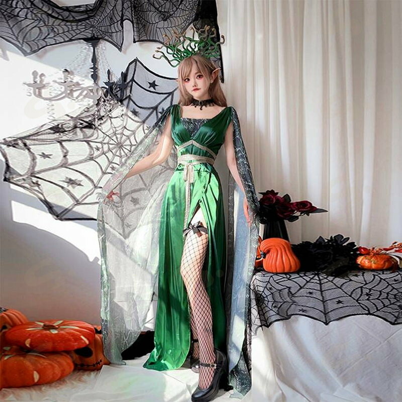 ハロウィン ギリシャ神話 コスプレ衣装　メデューサ 怪物 ハロウィン 衣装 コスチューム 3点セット セクシー 緑ハロウィン（ワンピース+ベルト+ヘアアクセ）魔女 コスチューム コスプレ 衣装 仮装 ハロウィン レディース 女性用 ロング
