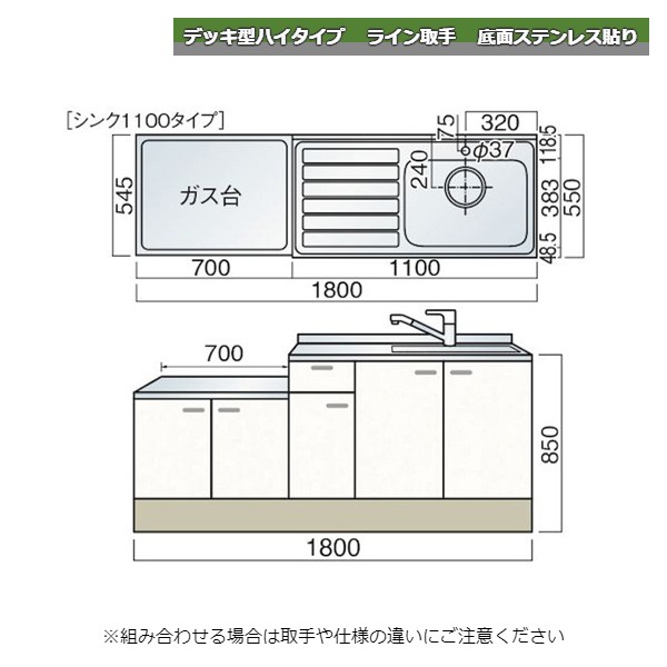 【11月はエントリーでP10倍】 レマン デッキ型ハイタイプ ライン取手 水栓穴あり 一連式流し台 幅180cm..