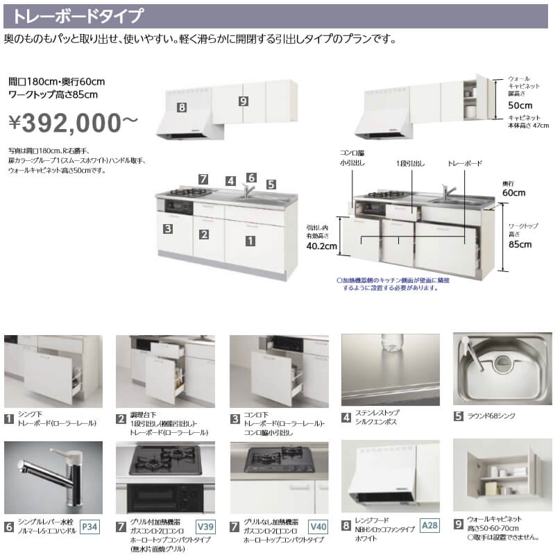 コンパクトキッチン ティオ Tio LixiL 壁付I型 トレーボード W1950mm 間口195cm(グリル付き3口コンロ用) グループ2 リクシル システムキッチン 流し台 ドリーム