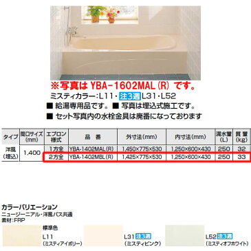 浴槽 洋風バス 1400サイズ 1425×775×530 2方全エプロン YBA-1402MBL(R) 洋風タイプ LIXIL/リクシル INAX 湯船 お風呂 バスタブ FRP ドリーム