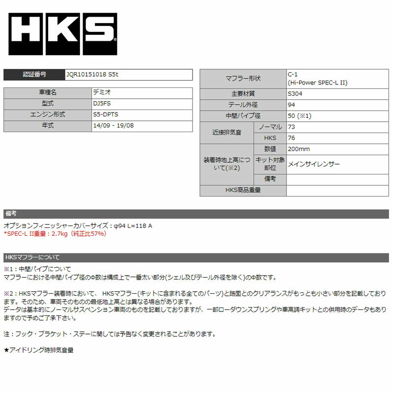 デミオ マフラー DJ5FS 14/09-19/08 Hi-Power SPEC-L2(ハイパワー スペックL 2) HKS 31019-AZ108