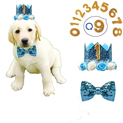犬 誕生日 猫用 誕生日 蝶ネクタイ 王冠 数字付き きらきら 犬 かぶりもの 記念日 ペットバースデー グッズ (ブルー) 3点セットのサムネイル