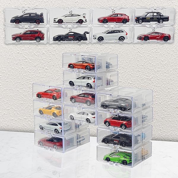 トミカ収納（10/40台収納）、ミニカーケース 壁掛け機能、組み合わせ可能なトミカケース、ミニカー収納 透明な蓋 1：64ミニカー用 白 (ホワイト（10個）)