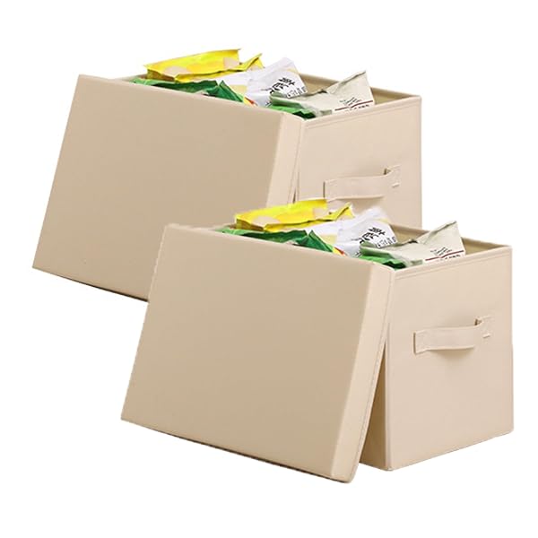 蓋付き収納ボックス 収納ケース 大容量 衣装ケース 衣類収納 折り畳み 積み重ね 取っ手付き おしゃれ 布製 (ベージュ, 幅35×奥行25×高さ24cm 2個)